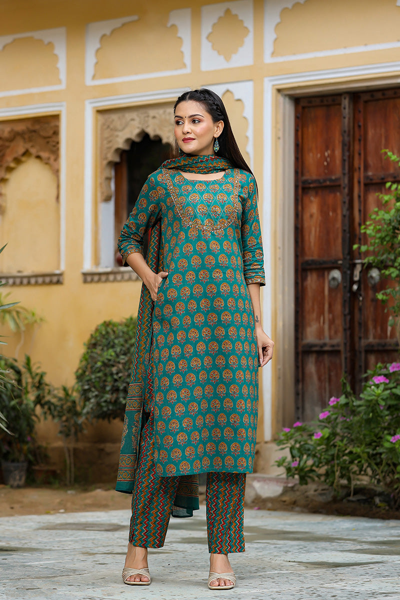Teal Green Rayon Blend Straight Suit Set VKSKD1231
