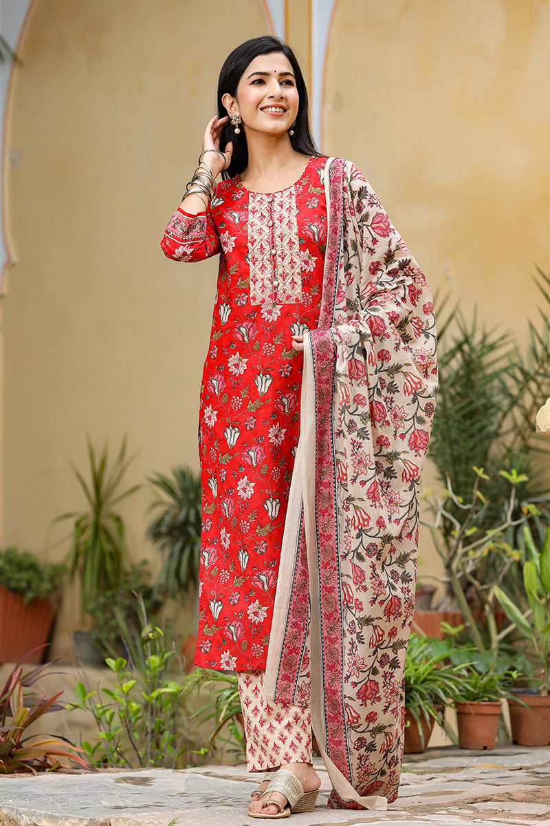 Red Rayon Blend Floral Printed Suit Set VKSKD1235 – Ahika