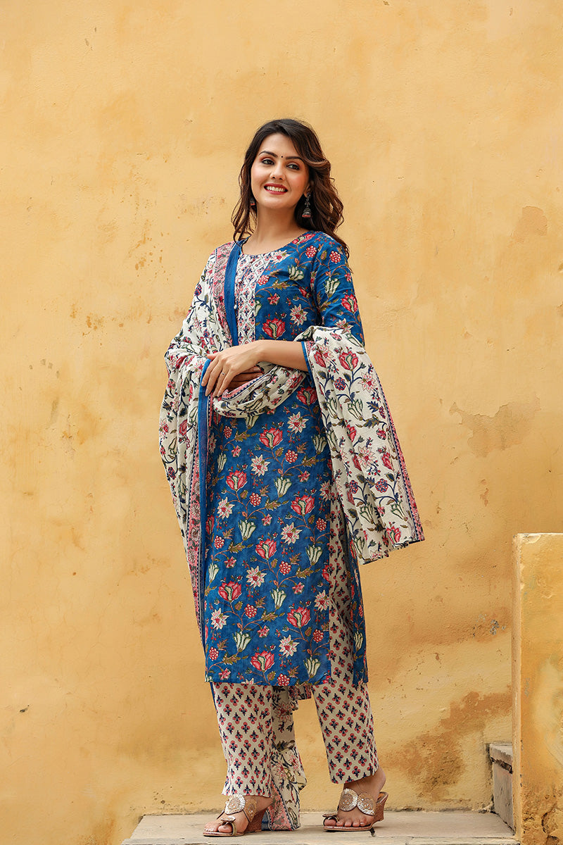 Blue Rayon Blend Floral Printed Straight Suit Set VKSKD1238