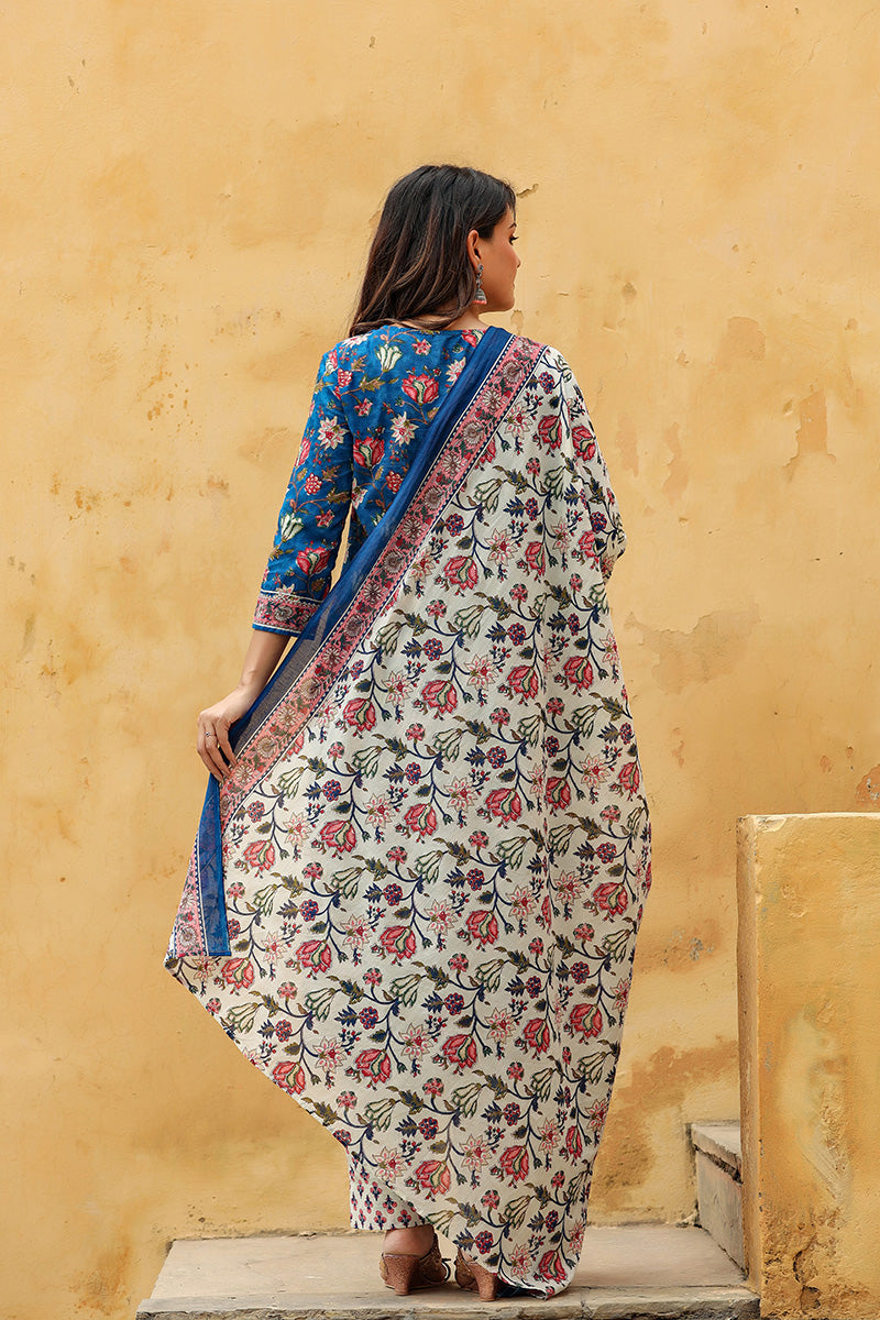 Blue Rayon Blend Floral Printed Straight Suit Set VKSKD1238
