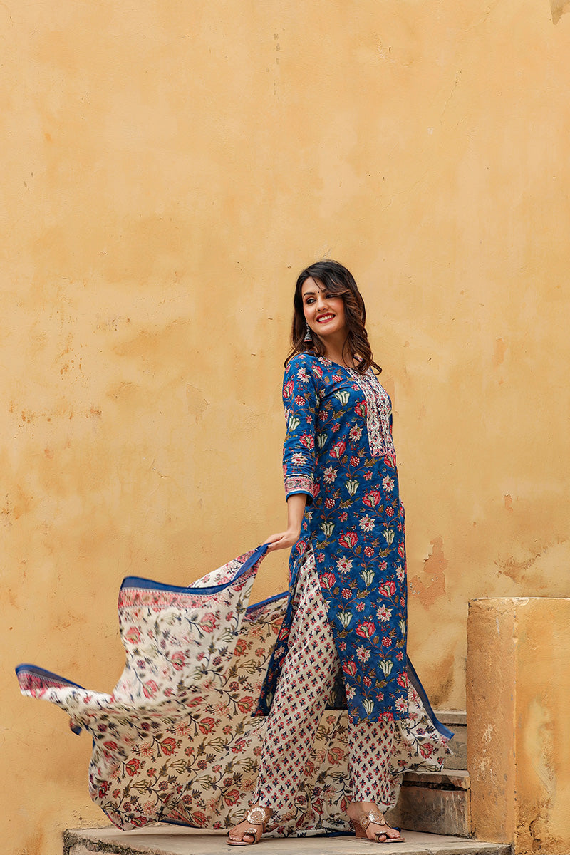 Blue Rayon Blend Floral Printed Straight Suit Set VKSKD1238