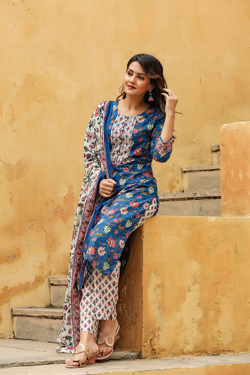Blue Rayon Blend Floral Printed Straight Suit Set VKSKD1238