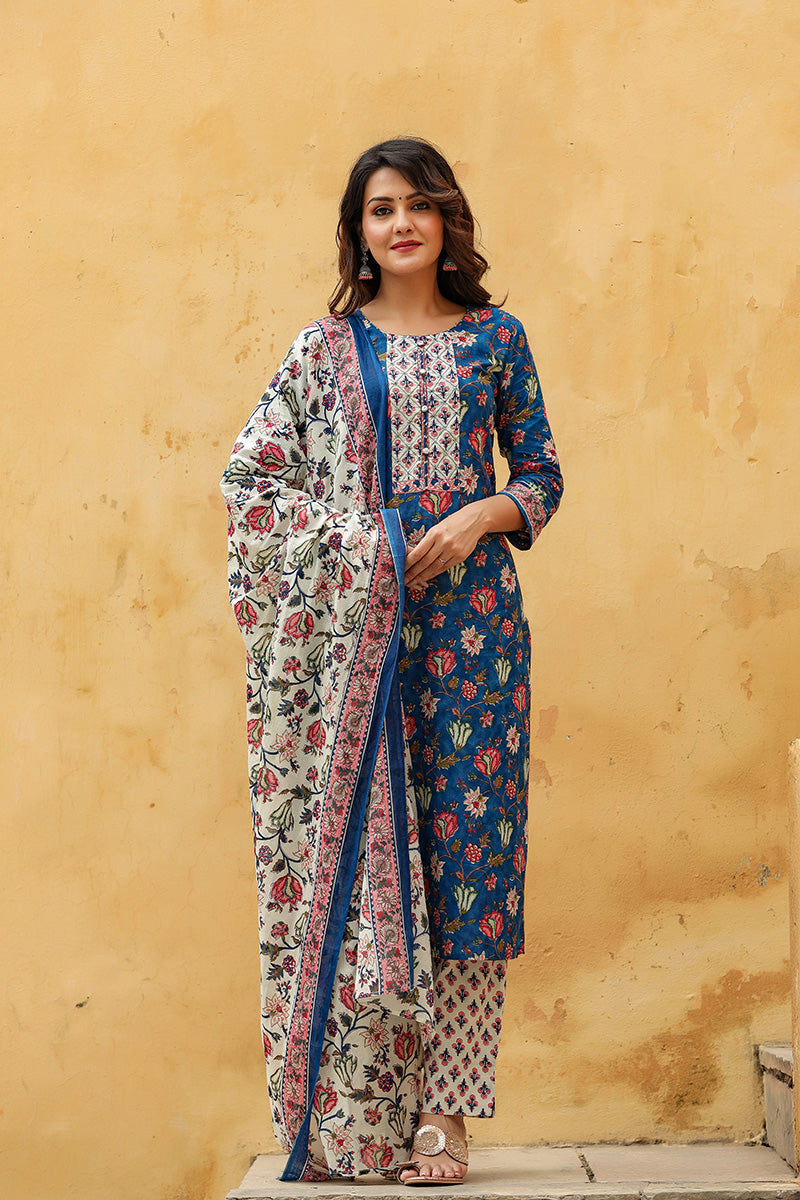Blue Rayon Blend Floral Printed Straight Suit Set VKSKD1238