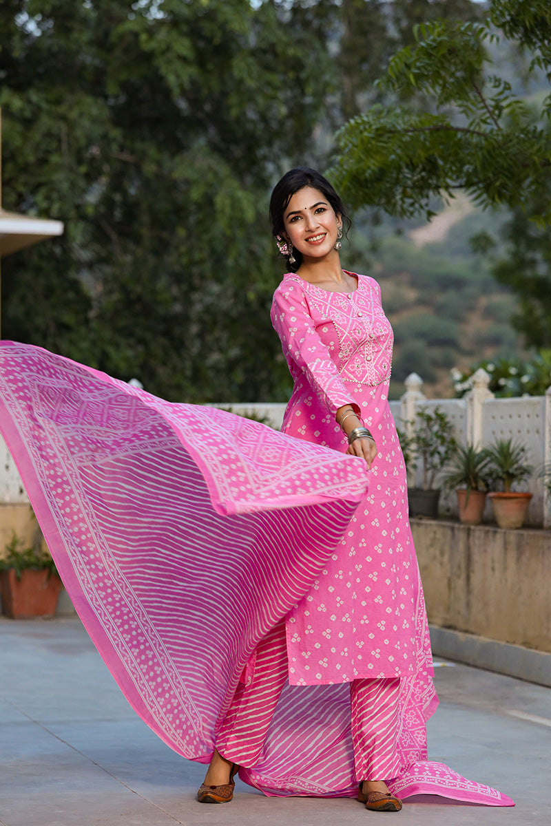 Pink White Bandhani Print Kurta with Trousers Dupatta – Ahika