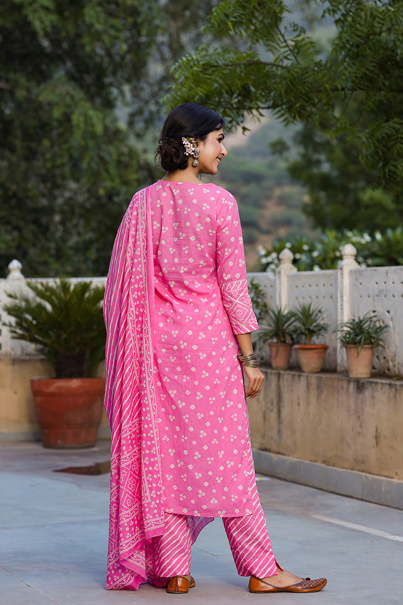 Pink White Bandhani Print Kurta with Trousers Dupatta – Ahika