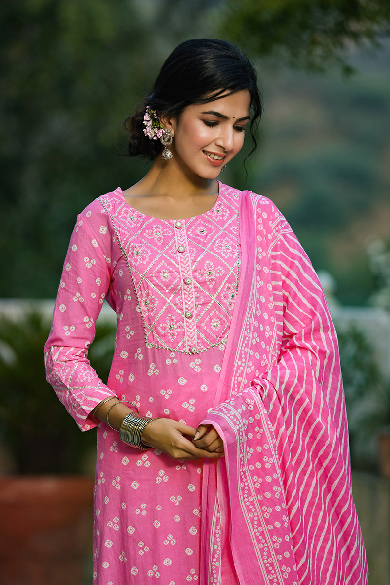 Pink White Bandhani Print Kurta with Trousers Dupatta – Ahika
