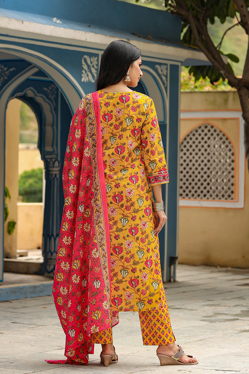 Mustard Rayon Blend Floral Print Suit Set VKSKD1241