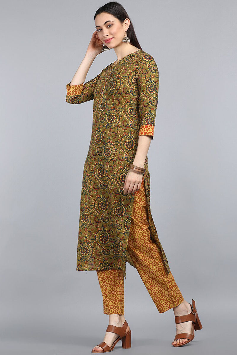 Green Yellow Floral Printed Pure Cotton Kurta with Trousers Dupatta Set VKSKD1254