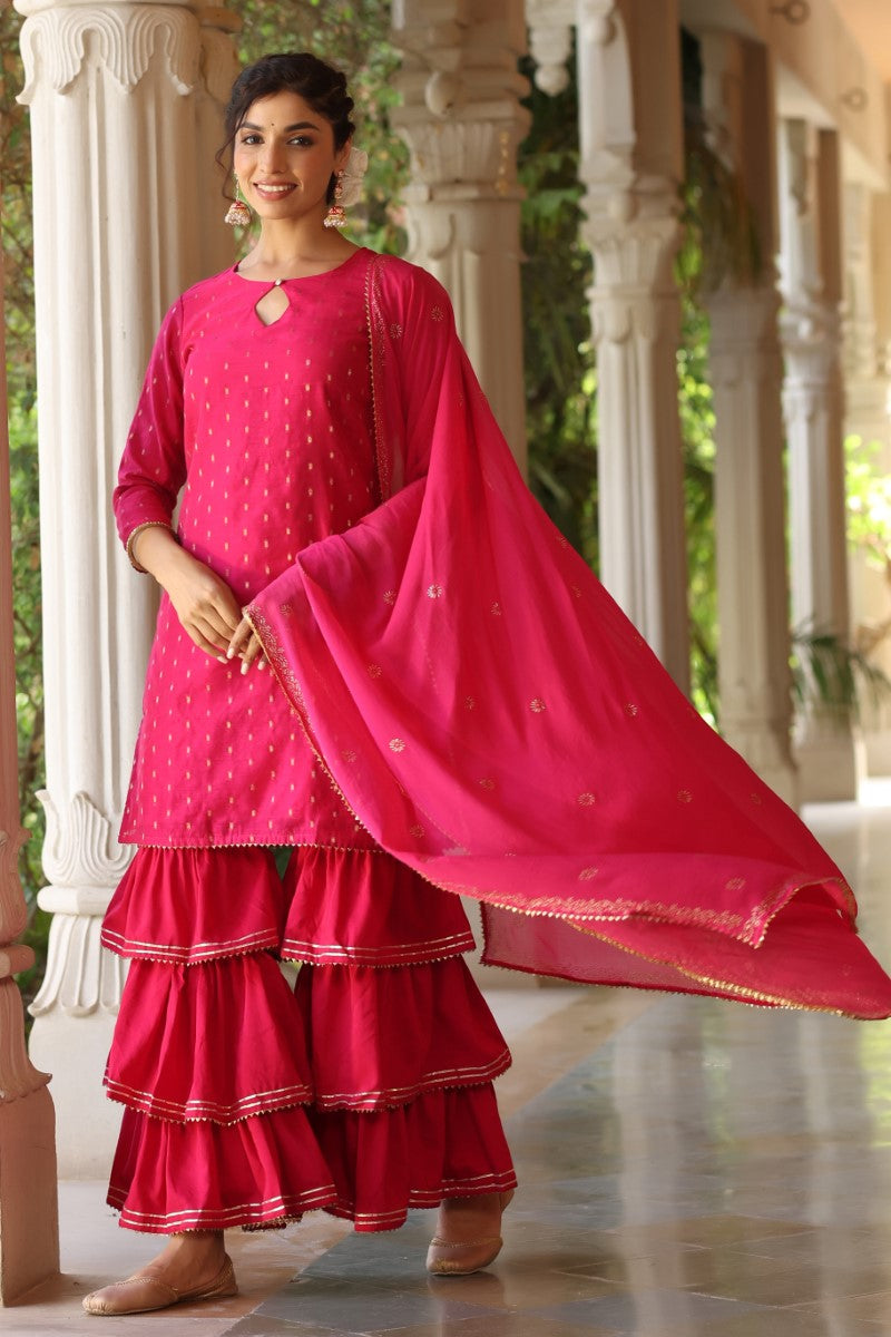 AHIKA Women Pink Ethnic Motifs Embroidered Regular Poly silk Kurta with Sharara With Dupatta Set