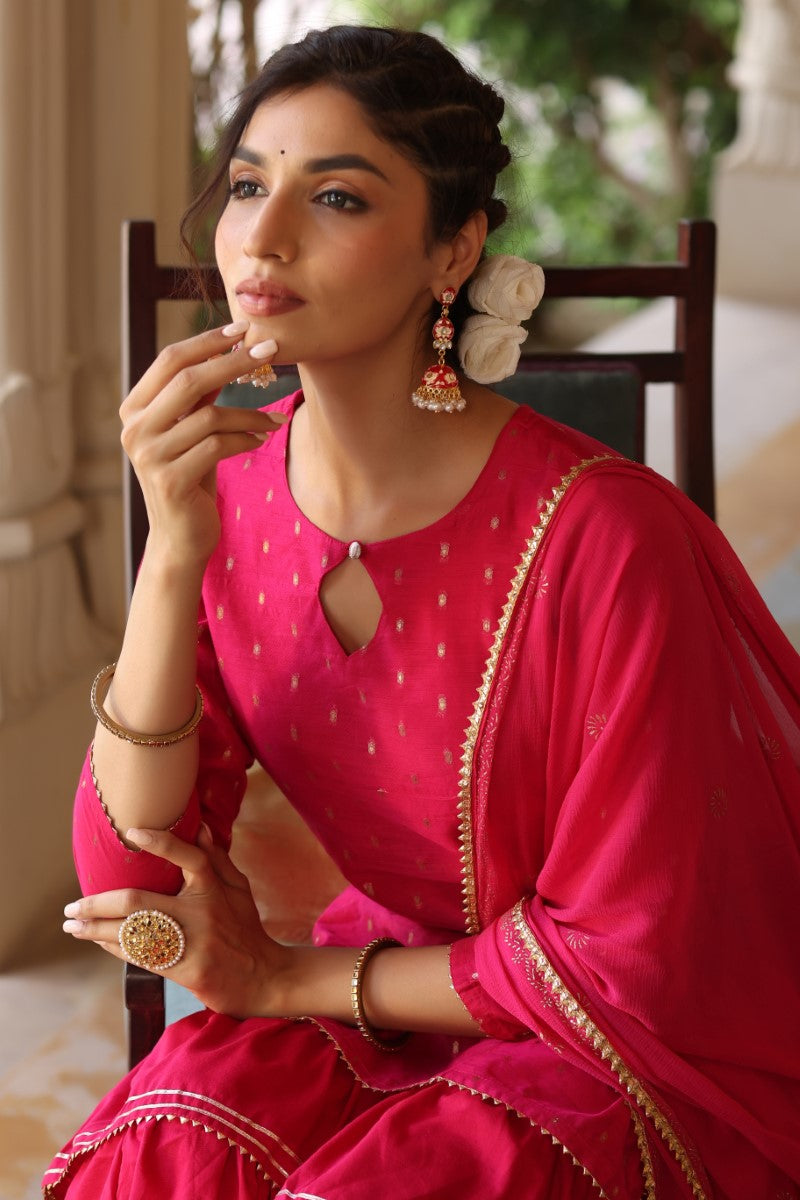 AHIKA Women Pink Ethnic Motifs Embroidered Regular Poly silk Kurta with Sharara With Dupatta Set