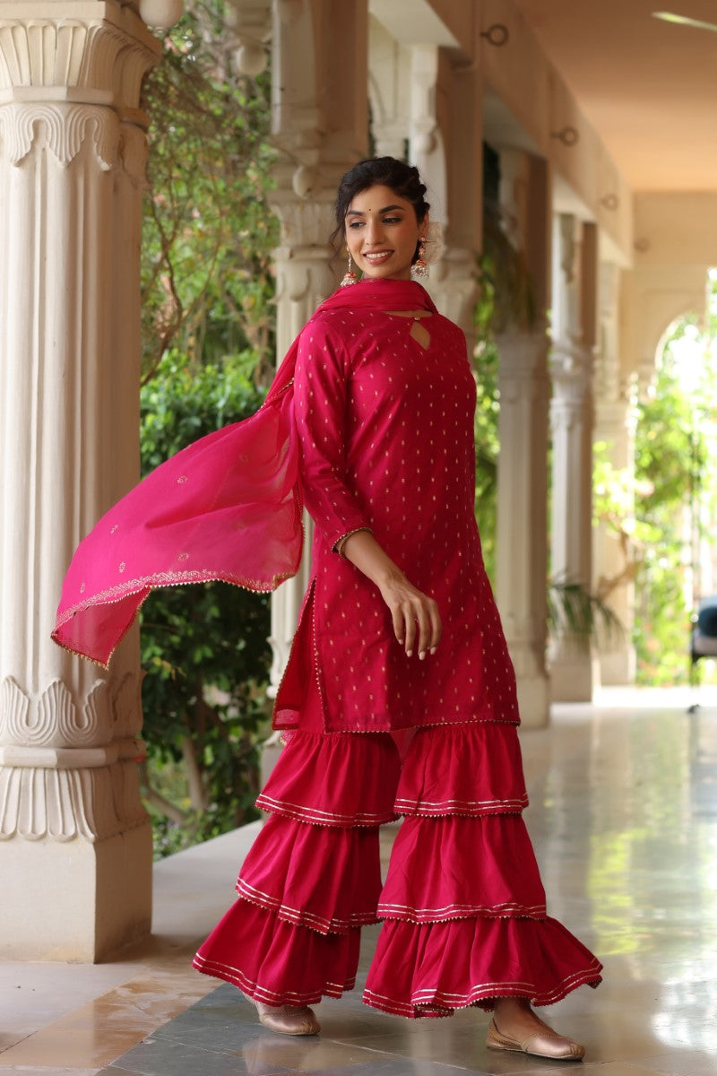 AHIKA Women Pink Ethnic Motifs Embroidered Regular Poly silk Kurta with Sharara With Dupatta Set