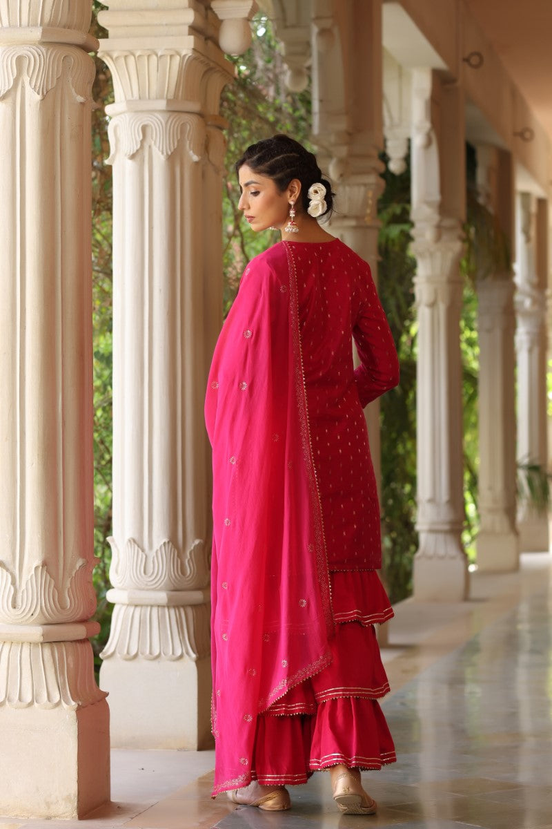 AHIKA Women Pink Ethnic Motifs Embroidered Regular Poly silk Kurta with Sharara With Dupatta Set