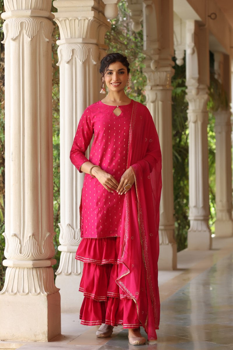 AHIKA Women Pink Ethnic Motifs Embroidered Regular Poly silk Kurta with Sharara With Dupatta Set