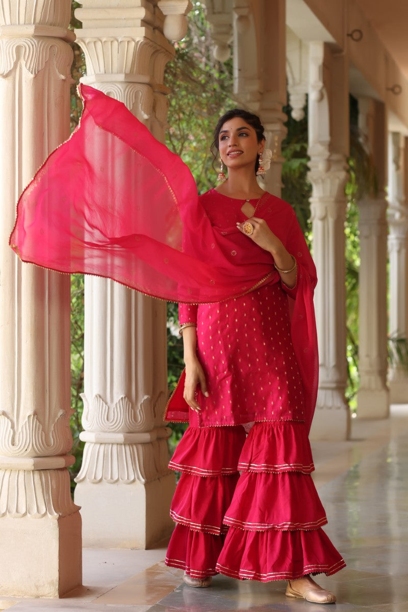 AHIKA Women Pink Ethnic Motifs Embroidered Regular Poly silk Kurta with Sharara With Dupatta Set