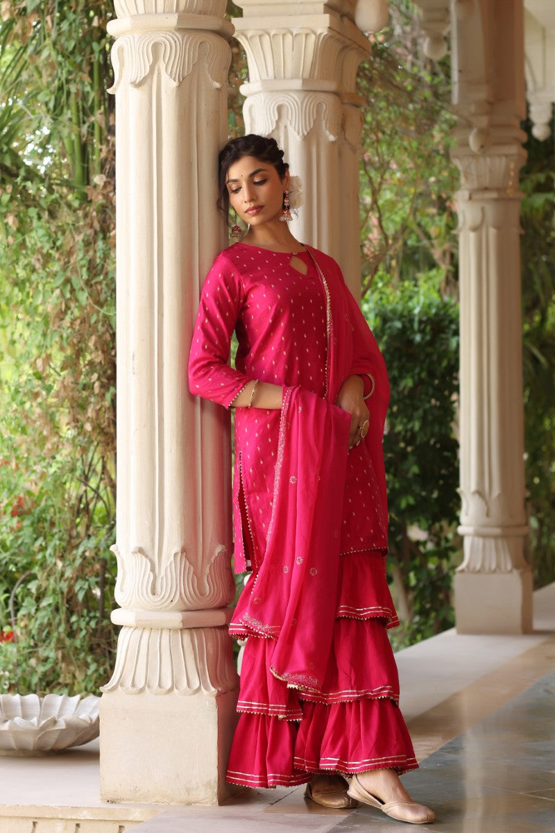 AHIKA Women Pink Ethnic Motifs Embroidered Regular Poly silk Kurta with Sharara With Dupatta Set