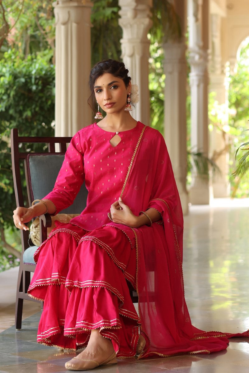 AHIKA Women Pink Ethnic Motifs Embroidered Regular Poly silk Kurta with Sharara With Dupatta Set