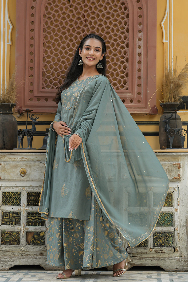 AHIKA Women Grey Gold Toned Embroidered Pure Cotton Kurta With Palazzos Dupatta Set