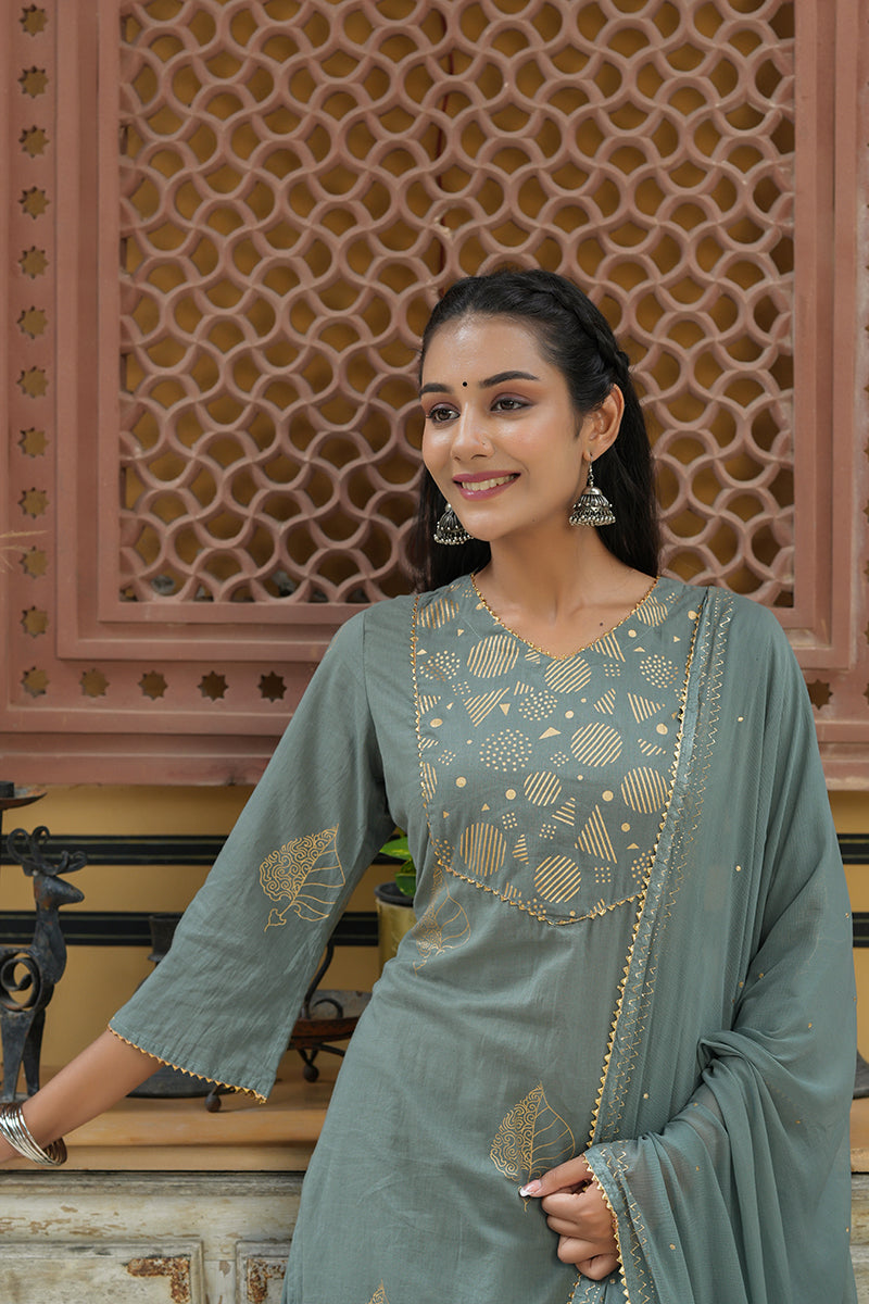 AHIKA Women Grey Gold Toned Embroidered Pure Cotton Kurta With Palazzos Dupatta Set