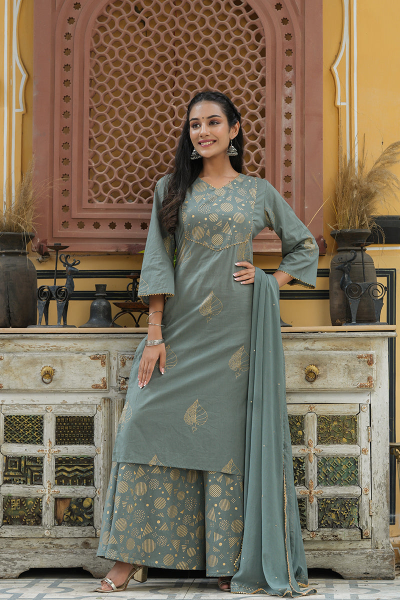 AHIKA Women Grey Gold Toned Embroidered Pure Cotton Kurta With Palazzos Dupatta Set