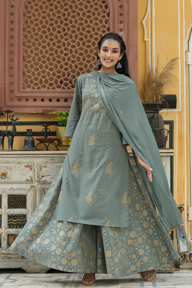 AHIKA Women Grey Gold Toned Embroidered Pure Cotton Kurta With Palazzos Dupatta Set