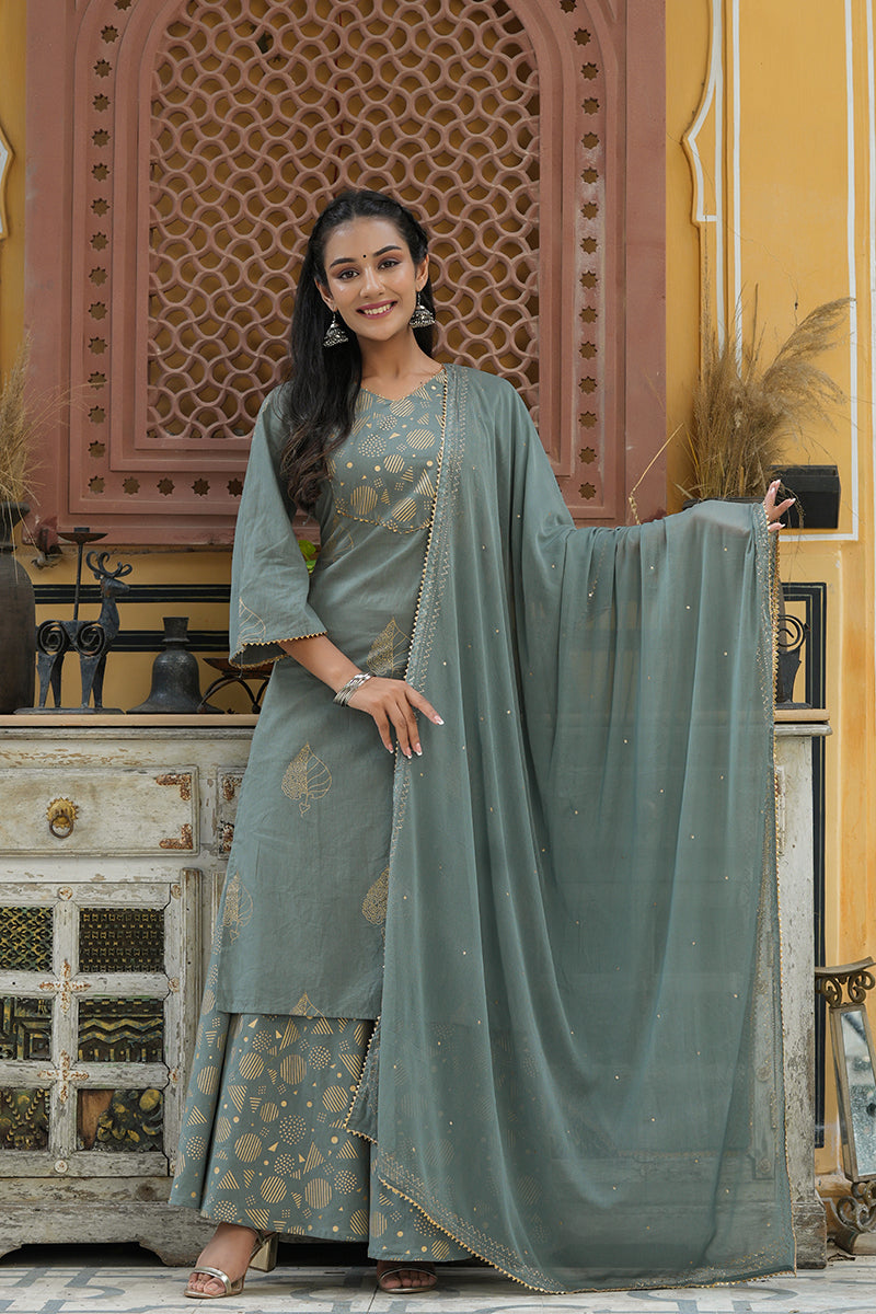 AHIKA Women Grey Gold Toned Embroidered Pure Cotton Kurta With Palazzos Dupatta Set