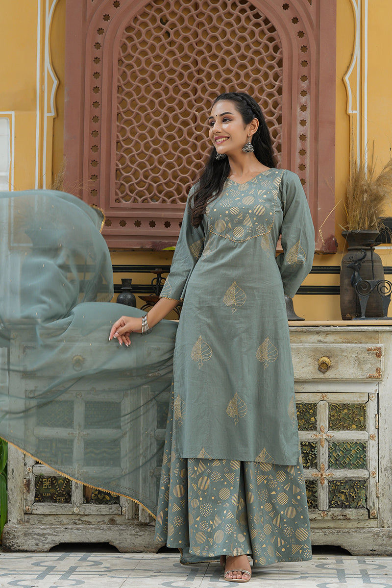 AHIKA Women Grey Gold Toned Embroidered Pure Cotton Kurta With Palazzos Dupatta Set
