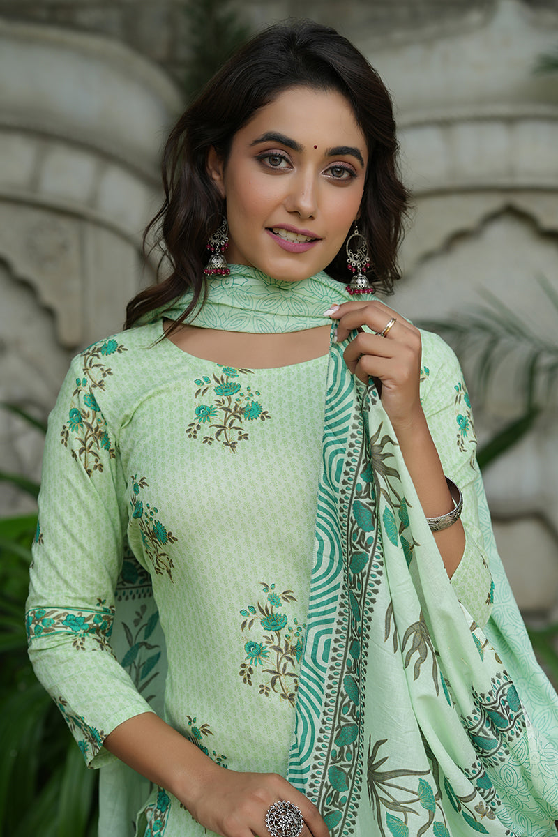 Green Pure Cotton Straight Suit Set VKSKD1263