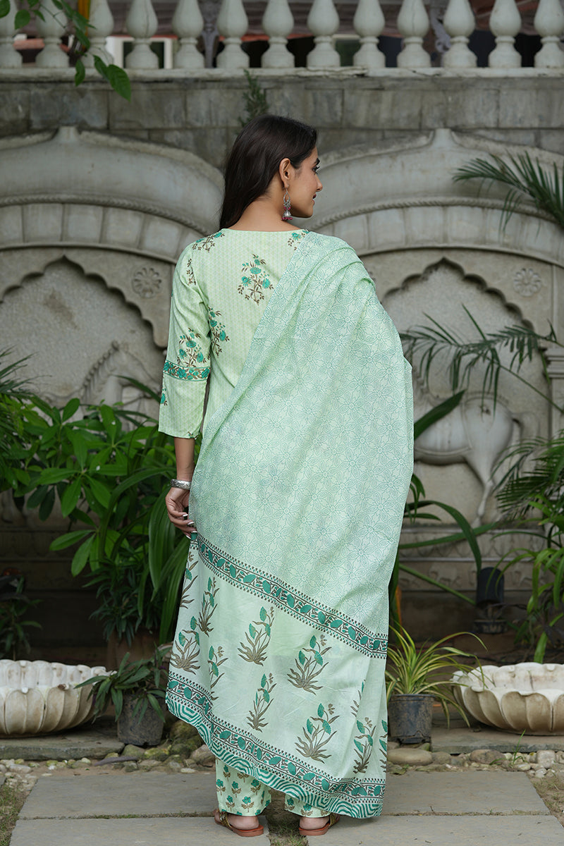 Green Pure Cotton Straight Suit Set VKSKD1263