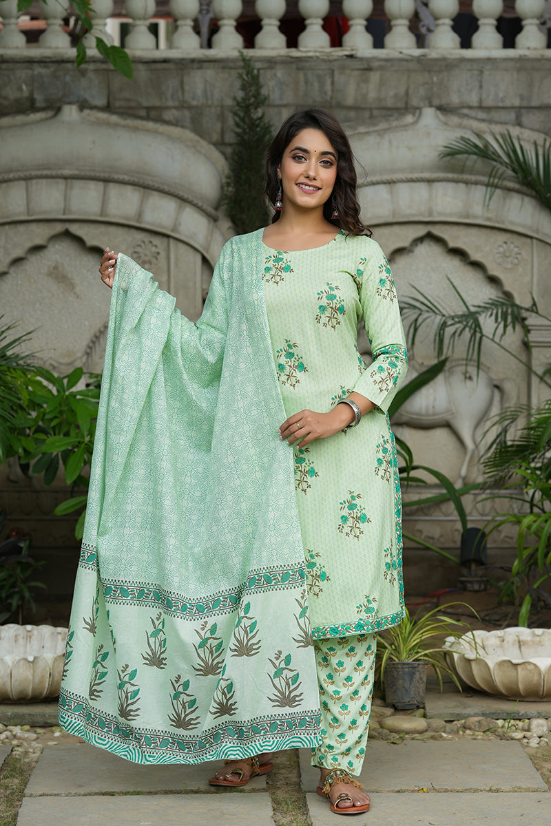 Green Pure Cotton Straight Suit Set VKSKD1263