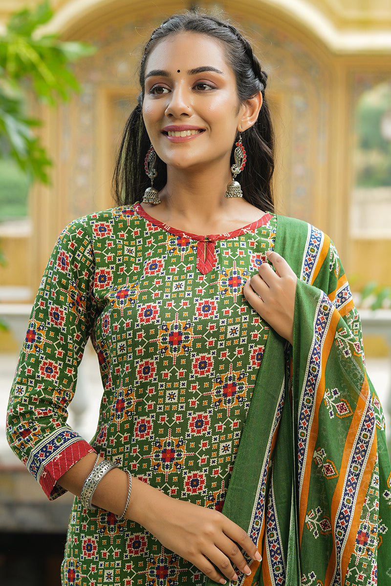 AHIKA Women Green Printed Regular Pure Cotton Kurta with Trousers With Dupatta Set