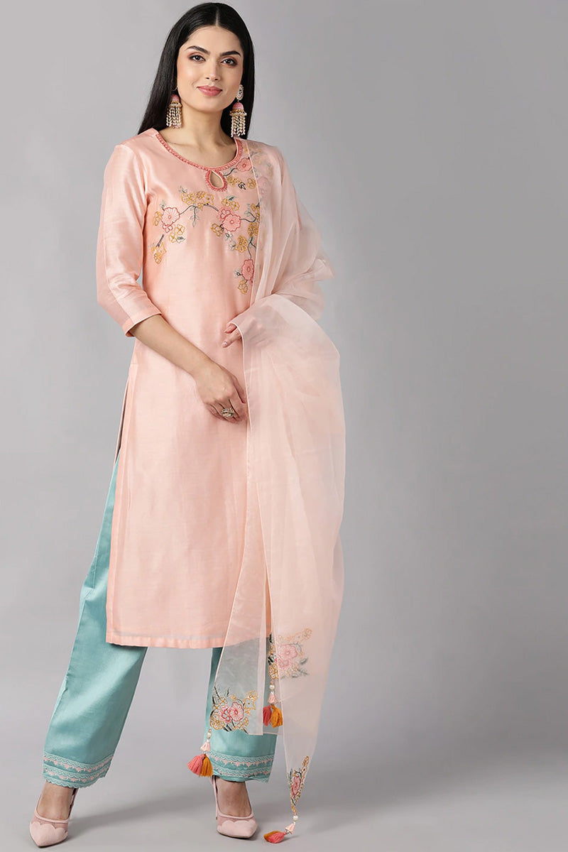 AHIKA Women Peach Floral Embroidered Regular Kurti with Trousers Dupatta Set
