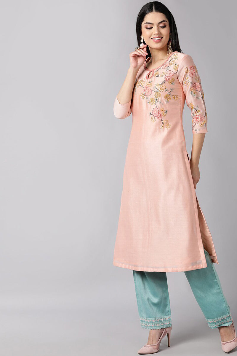AHIKA Women Peach Floral Embroidered Regular Kurti with Trousers Dupatta Set