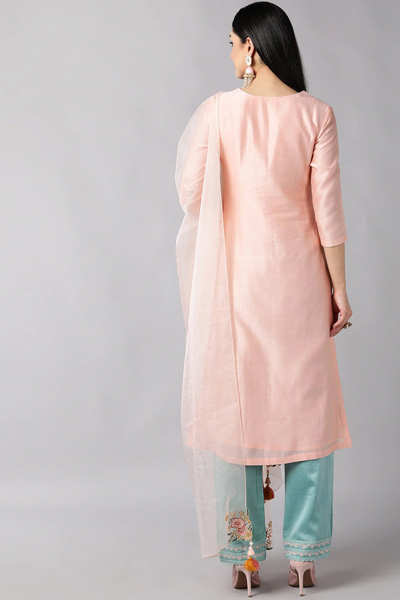 AHIKA Women Peach Floral Embroidered Regular Kurti with Trousers Dupatta Set
