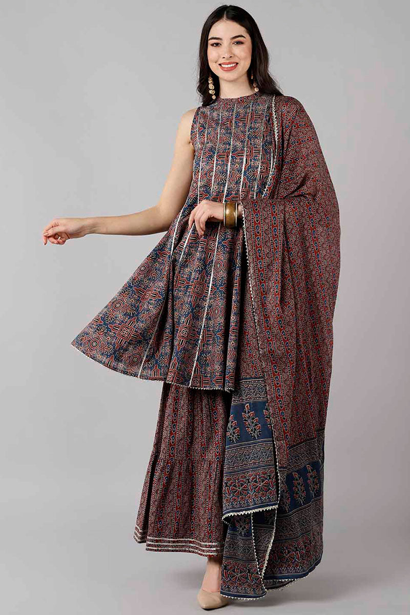 Blue Pure Cotton Flared Kurta Sharara With Dupatta VKSKD1371