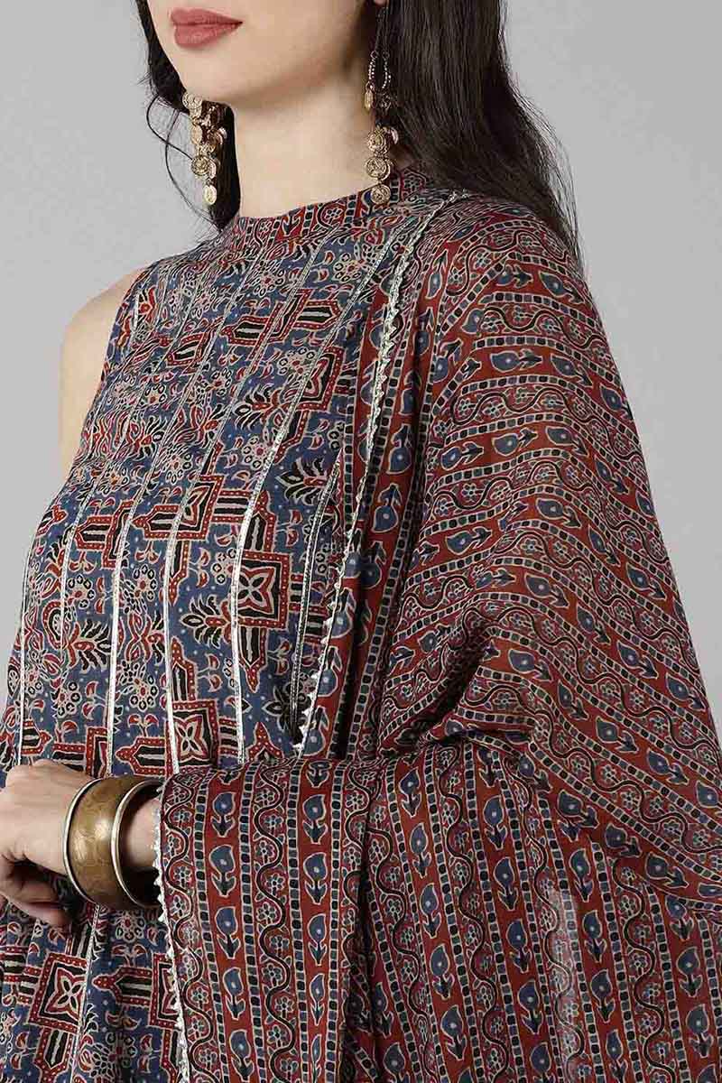 Blue Pure Cotton Flared Kurta Sharara With Dupatta VKSKD1371