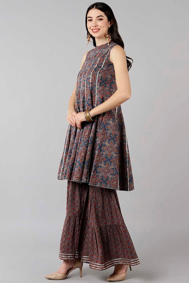 Blue Pure Cotton Flared Kurta Sharara With Dupatta VKSKD1371