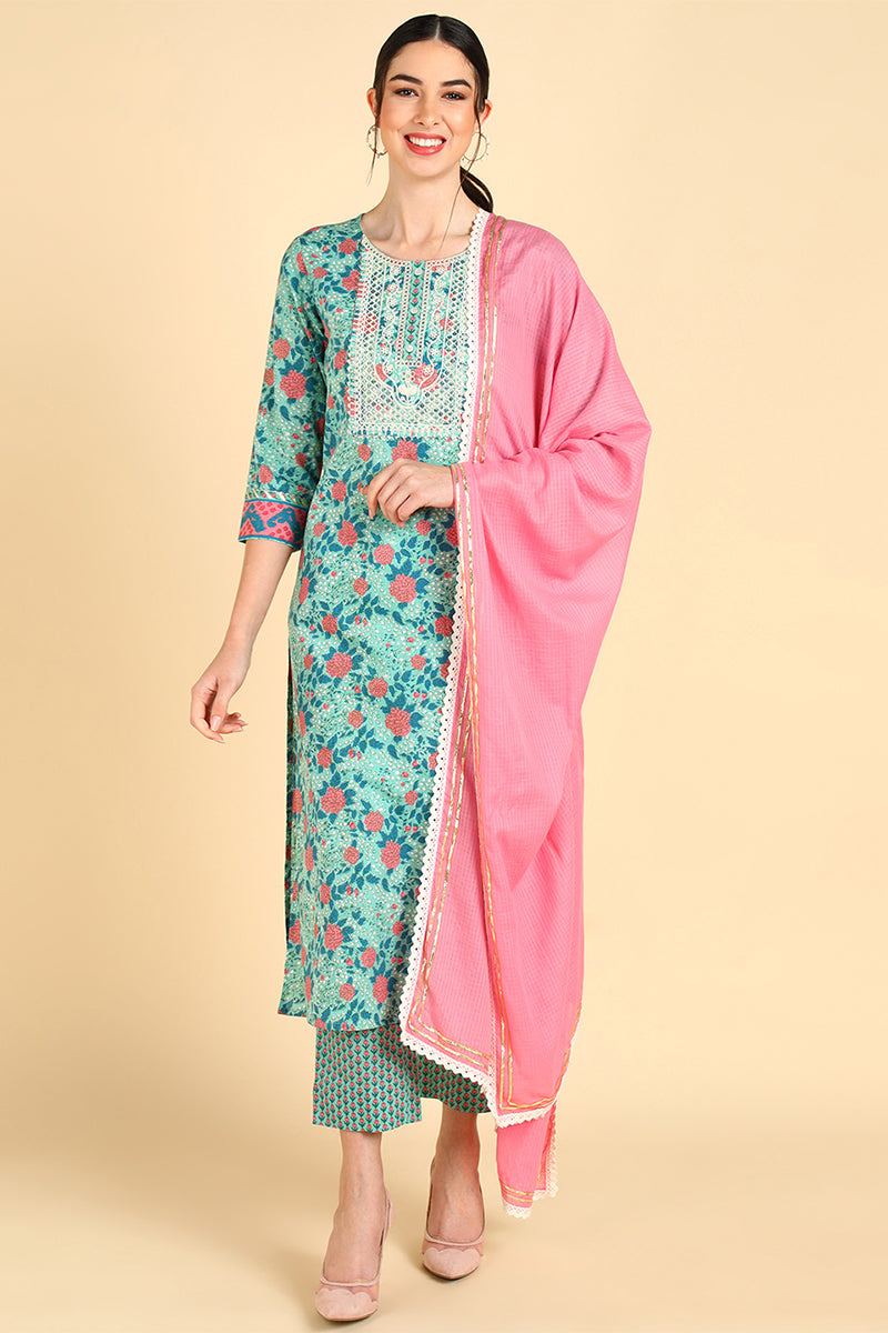 Ahika Women Sea Green Floral Printed Pure Cotton