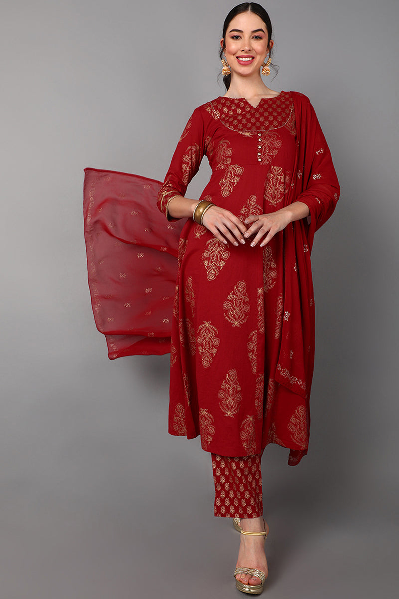 Red Cotton Straight Kurta Pant With Dupatta Set