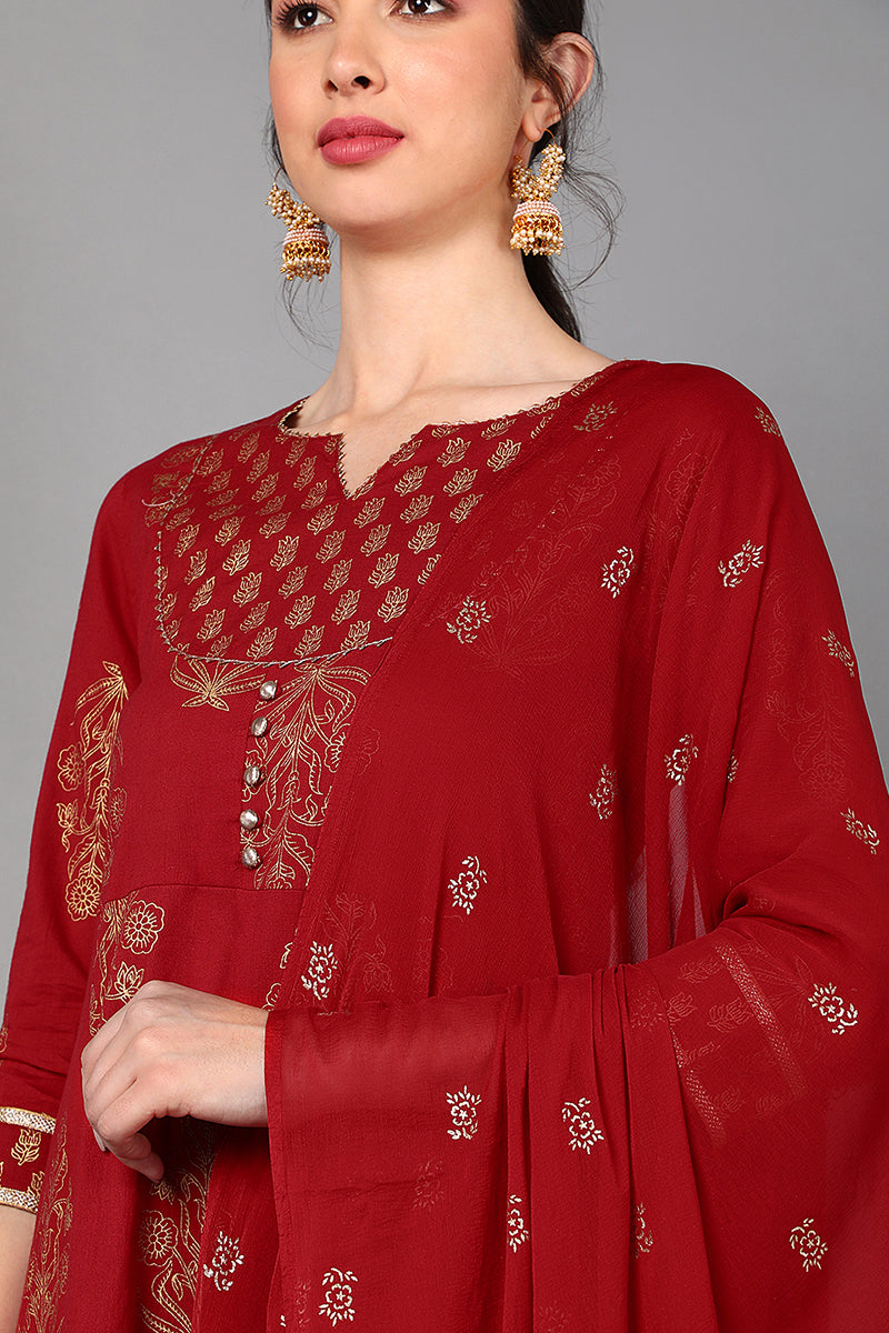 Red Cotton Straight Kurta Pant With Dupatta Set