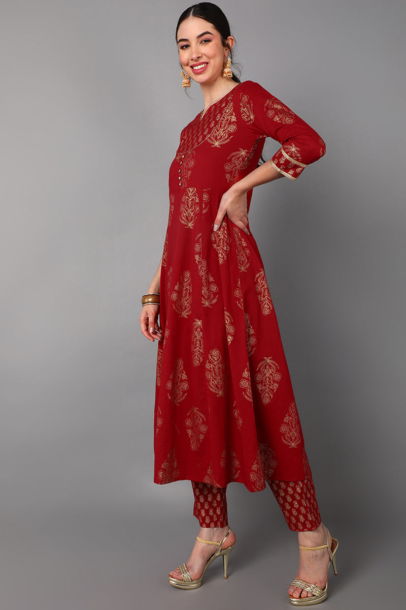 Red Cotton Straight Kurta Pant With Dupatta Set