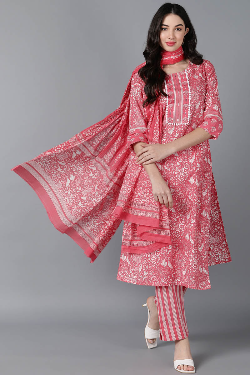 Pink Cotton Printed Kurta Trouser With Dupatta VKSKD1437