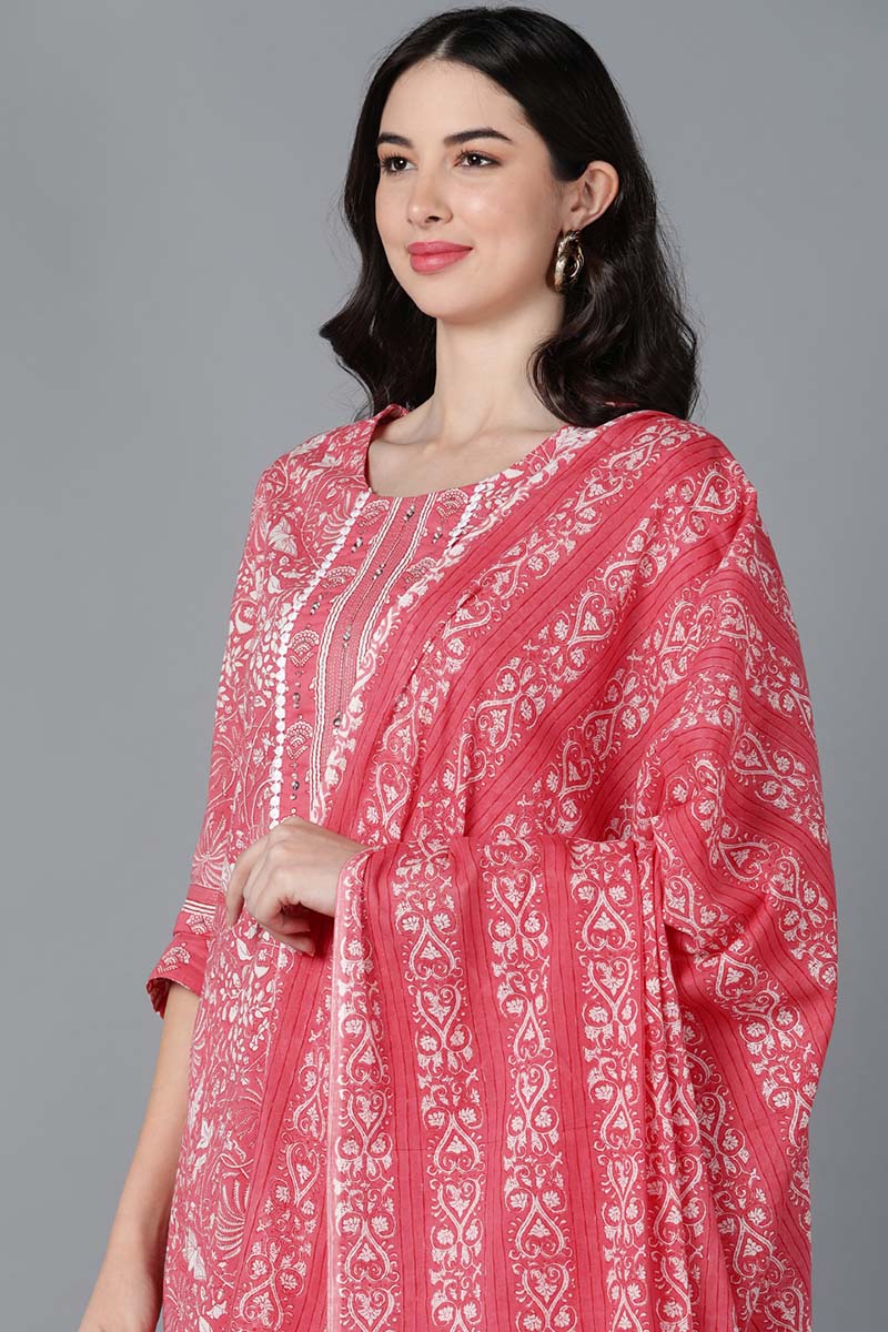 Pink Cotton Printed Kurta Trouser With Dupatta VKSKD1437