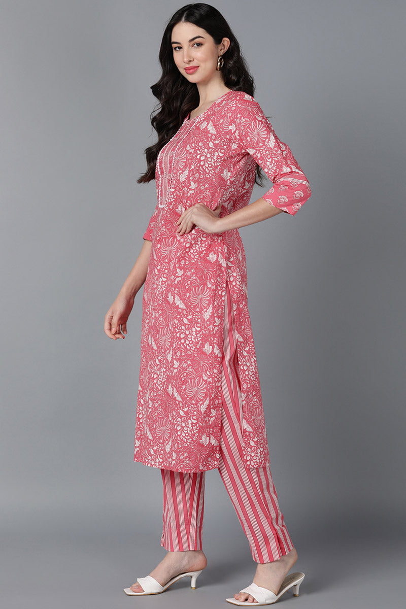 Pink Cotton Printed Kurta Trouser With Dupatta VKSKD1437