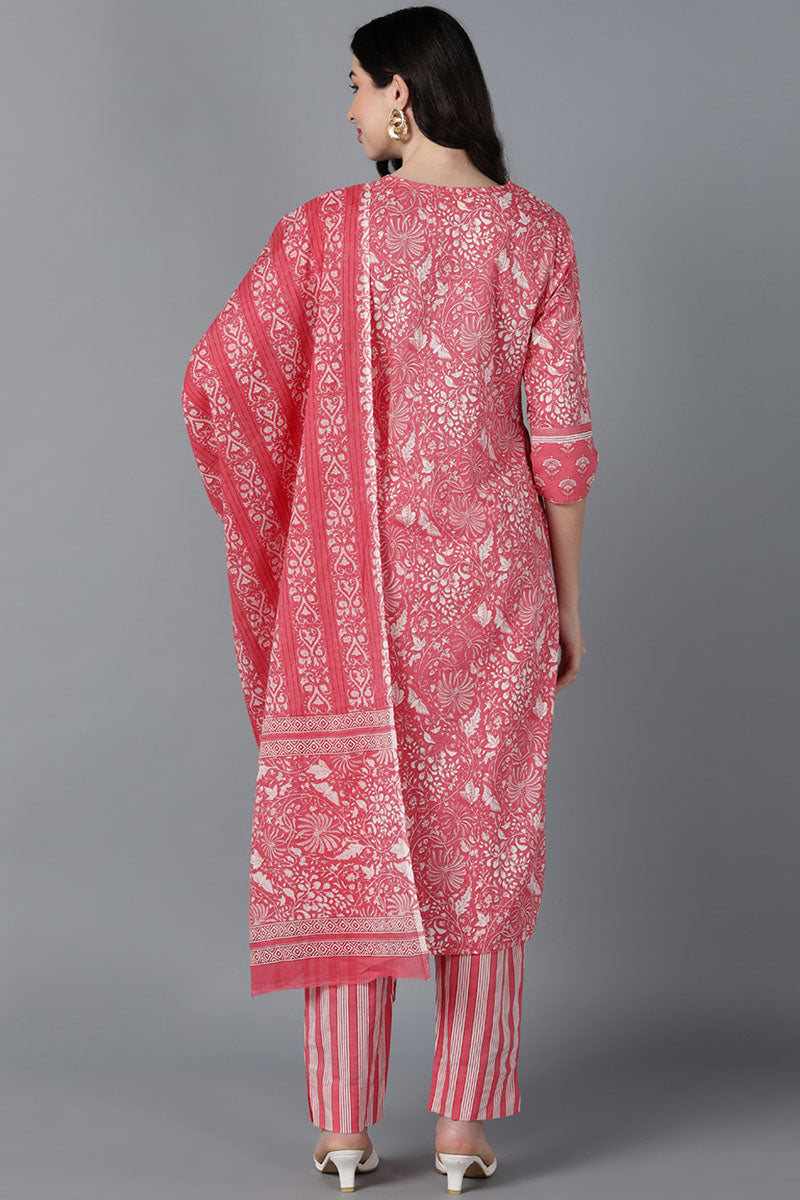 Pink Cotton Printed Kurta Trouser With Dupatta VKSKD1437