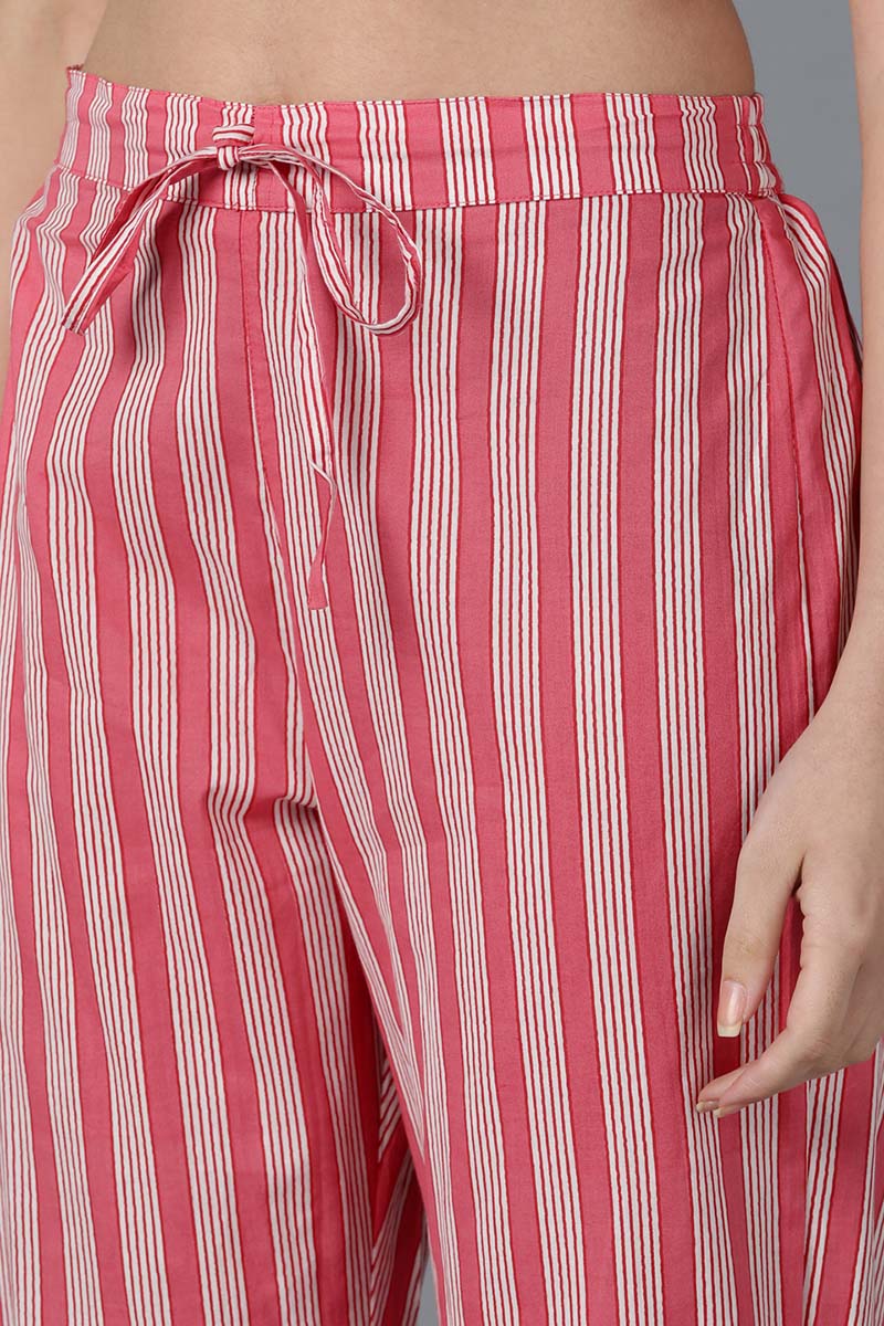Pink Cotton Printed Kurta Trouser With Dupatta VKSKD1437