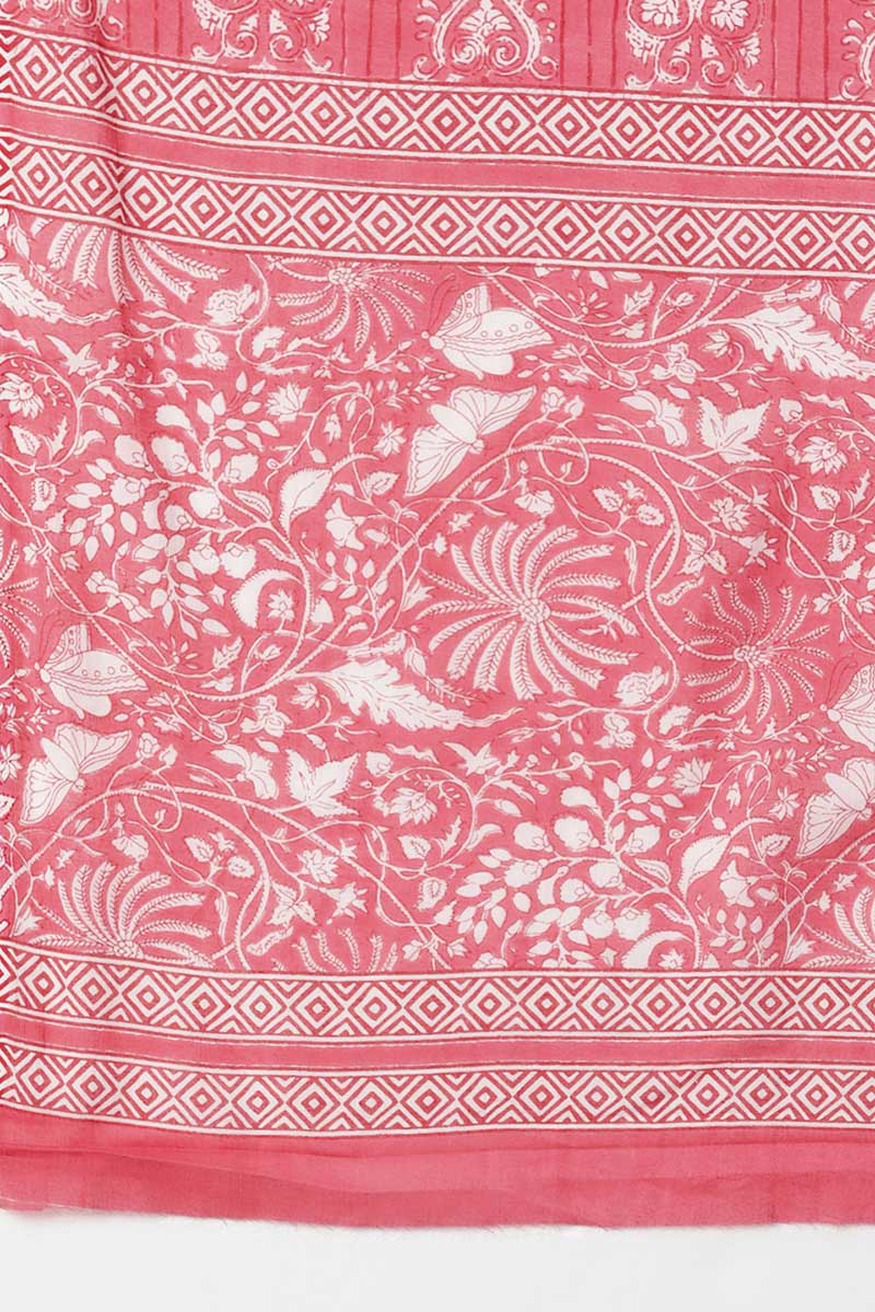 Pink Cotton Printed Kurta Trouser With Dupatta VKSKD1437