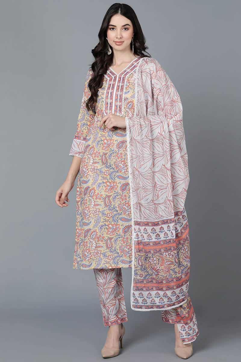Cream Pure Cotton straight Kurta Pant With Dupatta Set VKSKD1457