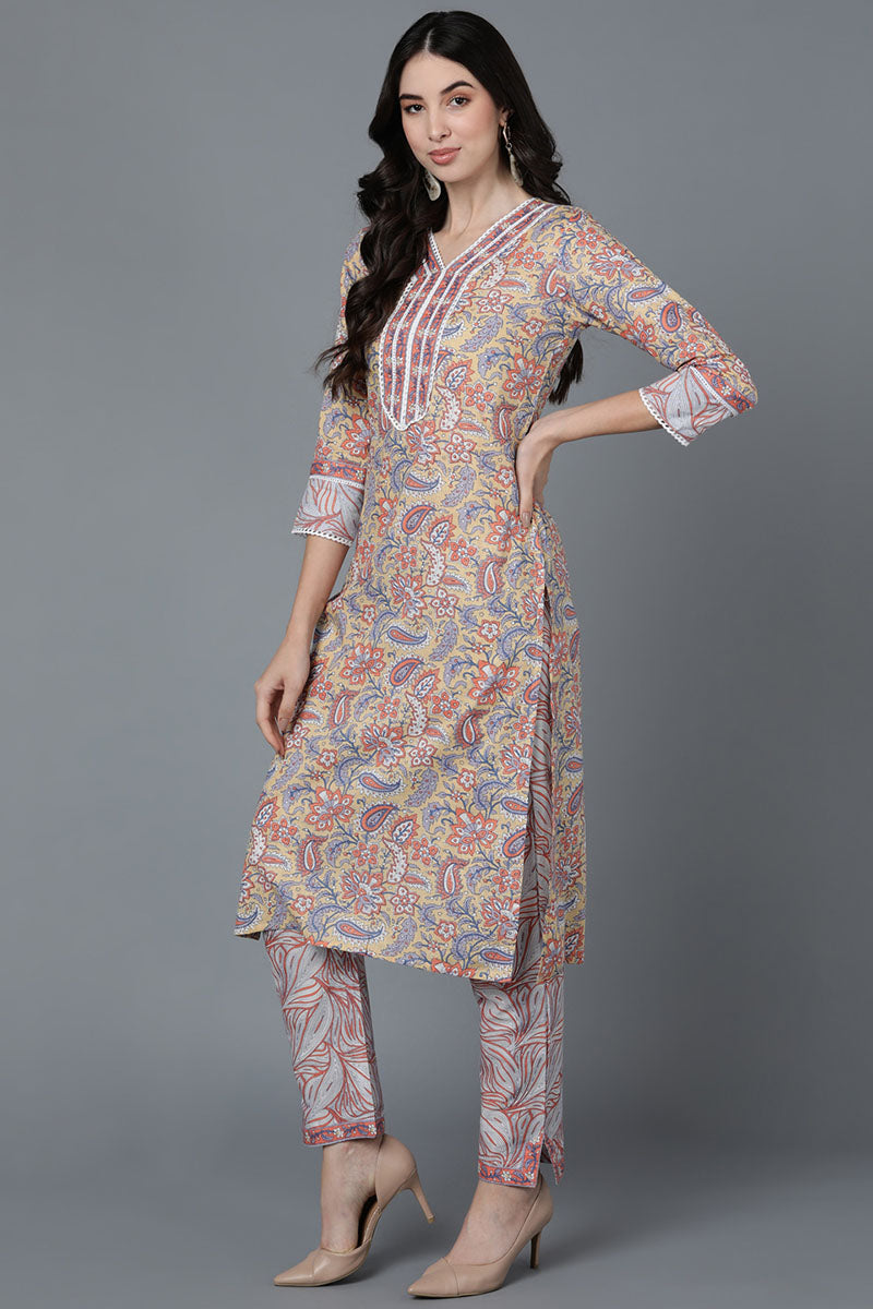 Cream Pure Cotton straight Kurta Pant With Dupatta Set VKSKD1457
