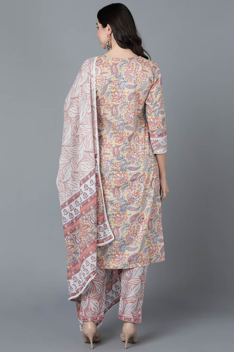 Cream Pure Cotton straight Kurta Pant With Dupatta Set VKSKD1457