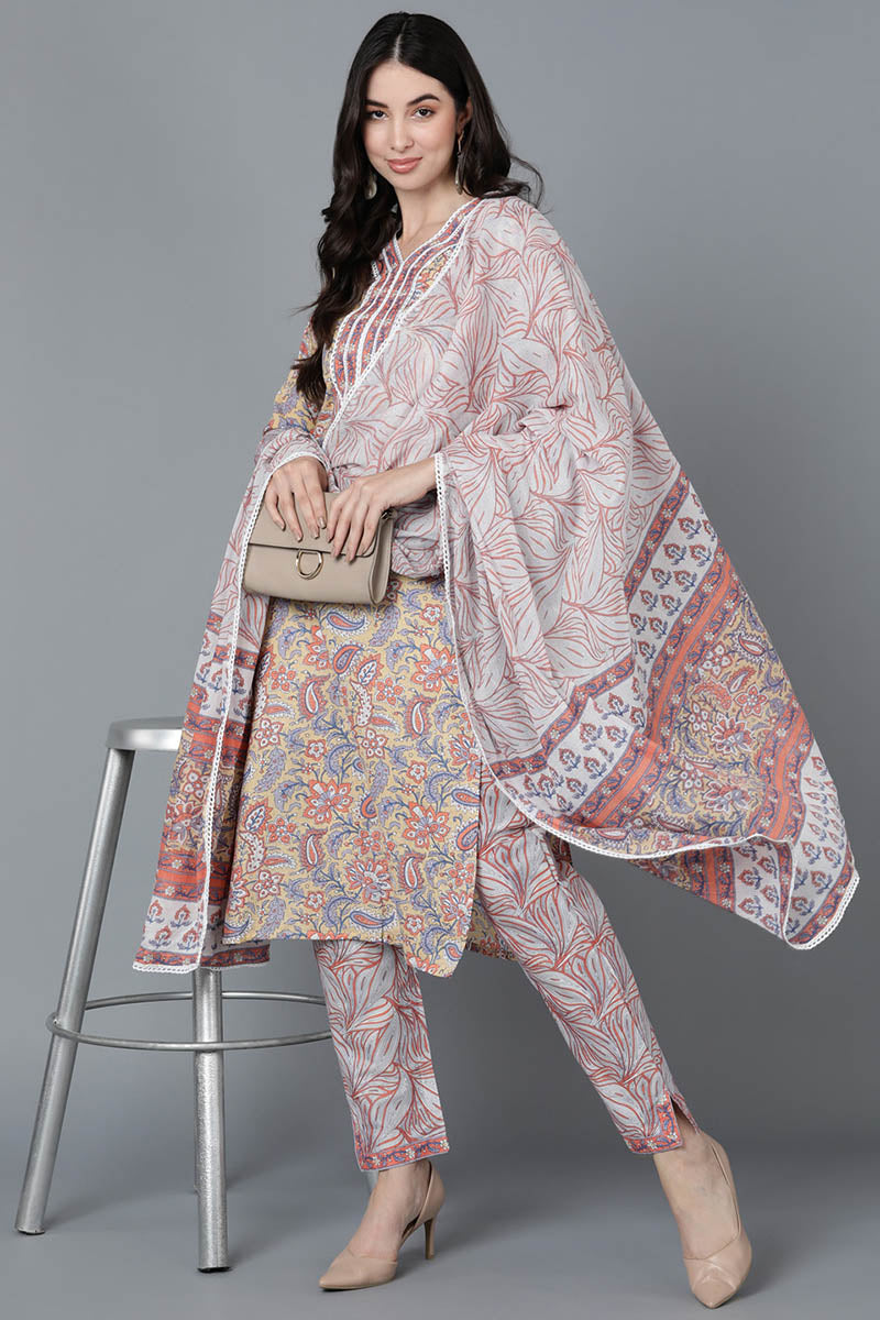 Cream Pure Cotton straight Kurta Pant With Dupatta Set VKSKD1457